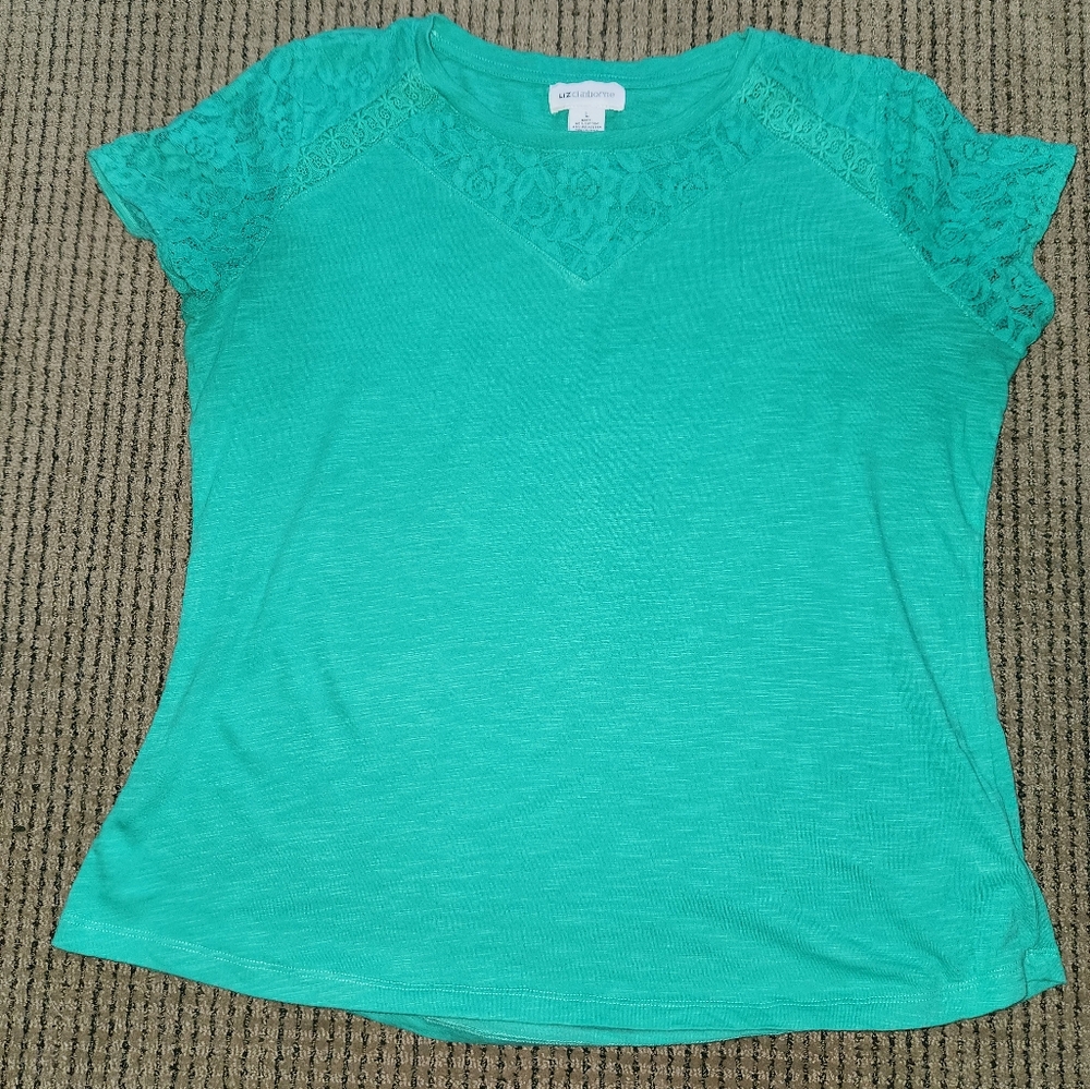 Liz Claiborne Flower Design Lace T-Shirt Green Women's  - Size Large